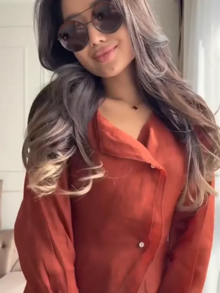 

Rust Red V Neck Asymmetrical Blouse Women Casual Flare Sleeve Button Down Sheer Shirt 2026 Daily Casual Office Streetwear Tops