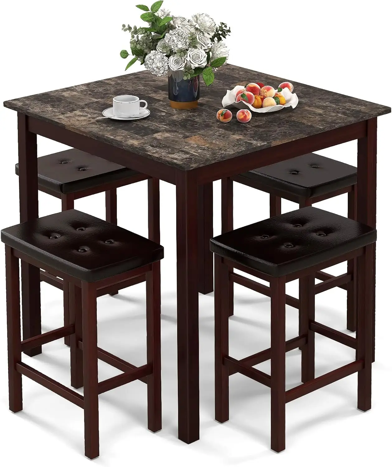Counter Height Dining Set for 4, Brown Kitchen Table with 4 Bar Stools, Space-Saving Breakfast Nook Set