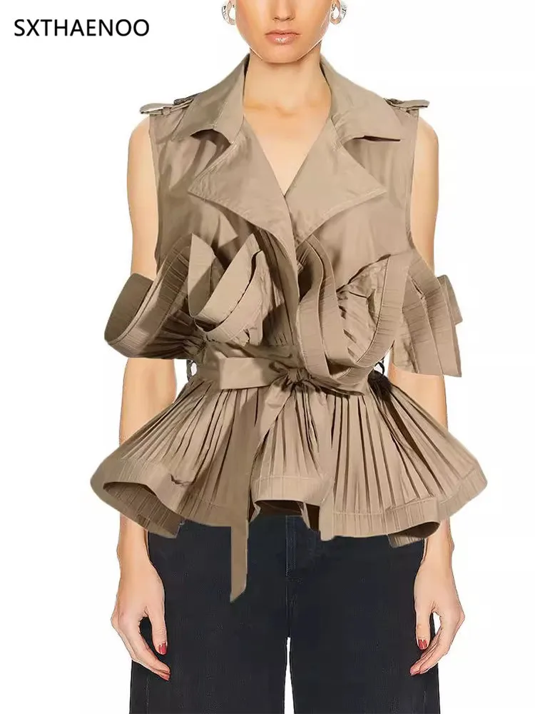 

SXTHAENOO Solid Patchwork Lace Up Blouse For Women Lapel Sleeveless Spliced Folds Temperament Shirts Female Fashion Clothes 2025