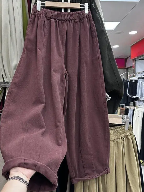 

Artistic Casual High Waist Wide Leg Pants Women's plus Size Nine Points Pure Color Pants Skin-friendly Breathable
