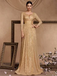 XUIBOL Elegant Sexy Deep V-Neck Sequins Evening Dress Luxury Women Long Sleeves Dress Wedding Party Cocktail Gown Gold Prom