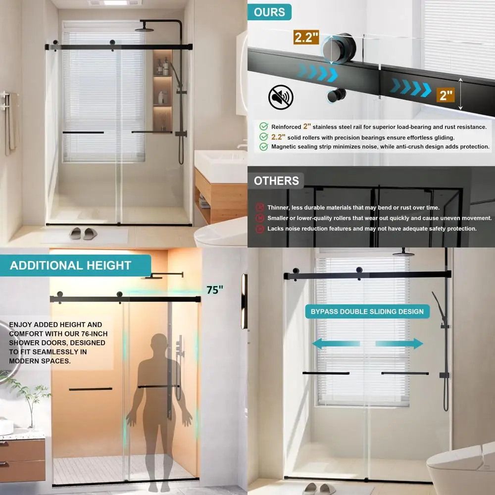 

frameless 56-60" wide x 75" high double sliding shower door with 8mm tempered glass and nano easy clean coating