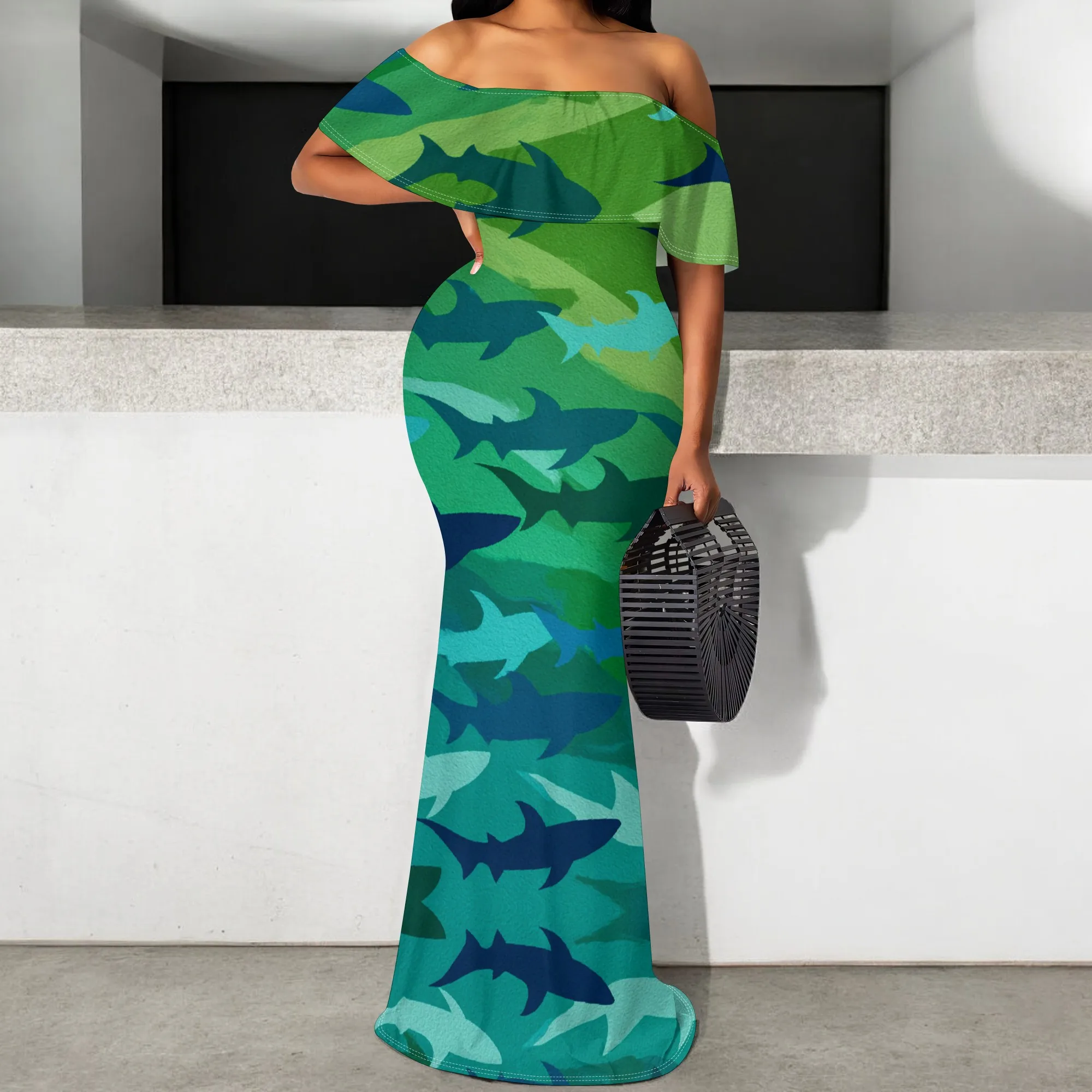 

Green Shark Print Off Shoulder Maxi Dress S-3XL Ruffle Hem Bodycon for Beach Vacation, Tropical Cruise or Summer Party Look