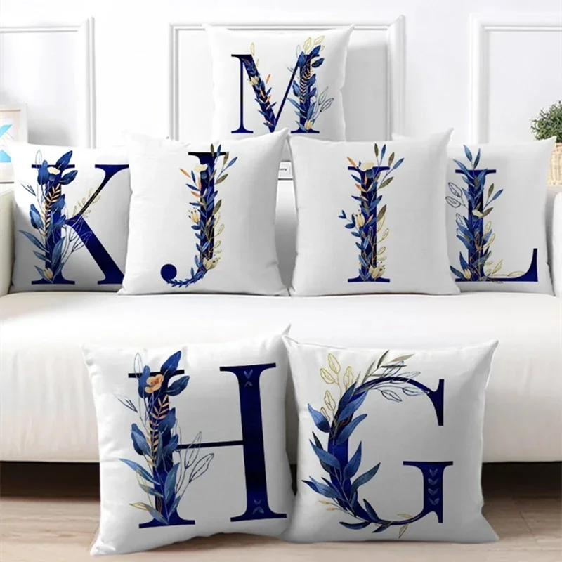 Blue Flower Letter Pillowcase Leaves Plant Tree Alphabet Cushion Cover Sofa Car Waist Throw Home Decoration 45x45cm Pillowslip