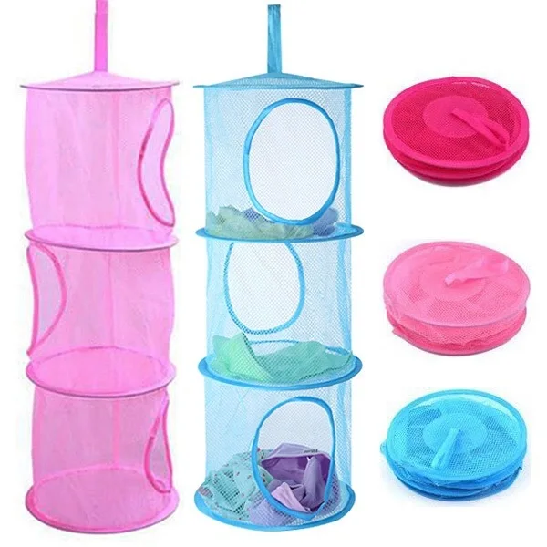 

3-Tier Hanging Mesh Storage Organizer Foldable Laundry Basket for Toys Socks Underwear Closet Space Saver