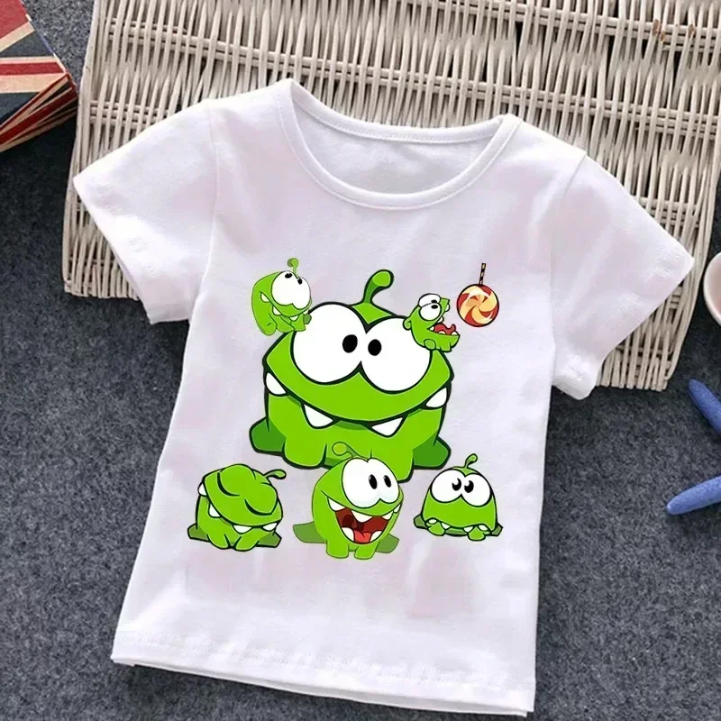 Camiseta de dibujos animados Om Nom para bebé, niña y niño, 'Cut the Rope', divertida camiseta de algodón con cuello redondo y manga corta con diseño de rana para niños