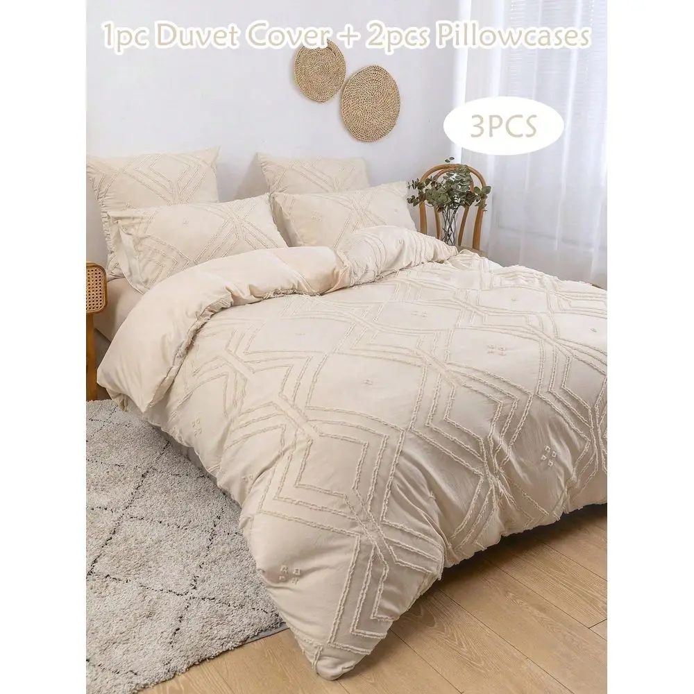 

Khaki Argyle Pattern Tufted Textured Polyester Duvet Cover Set, Boho Shabby Chic Bedding Set Without Filler For All Seasons Use