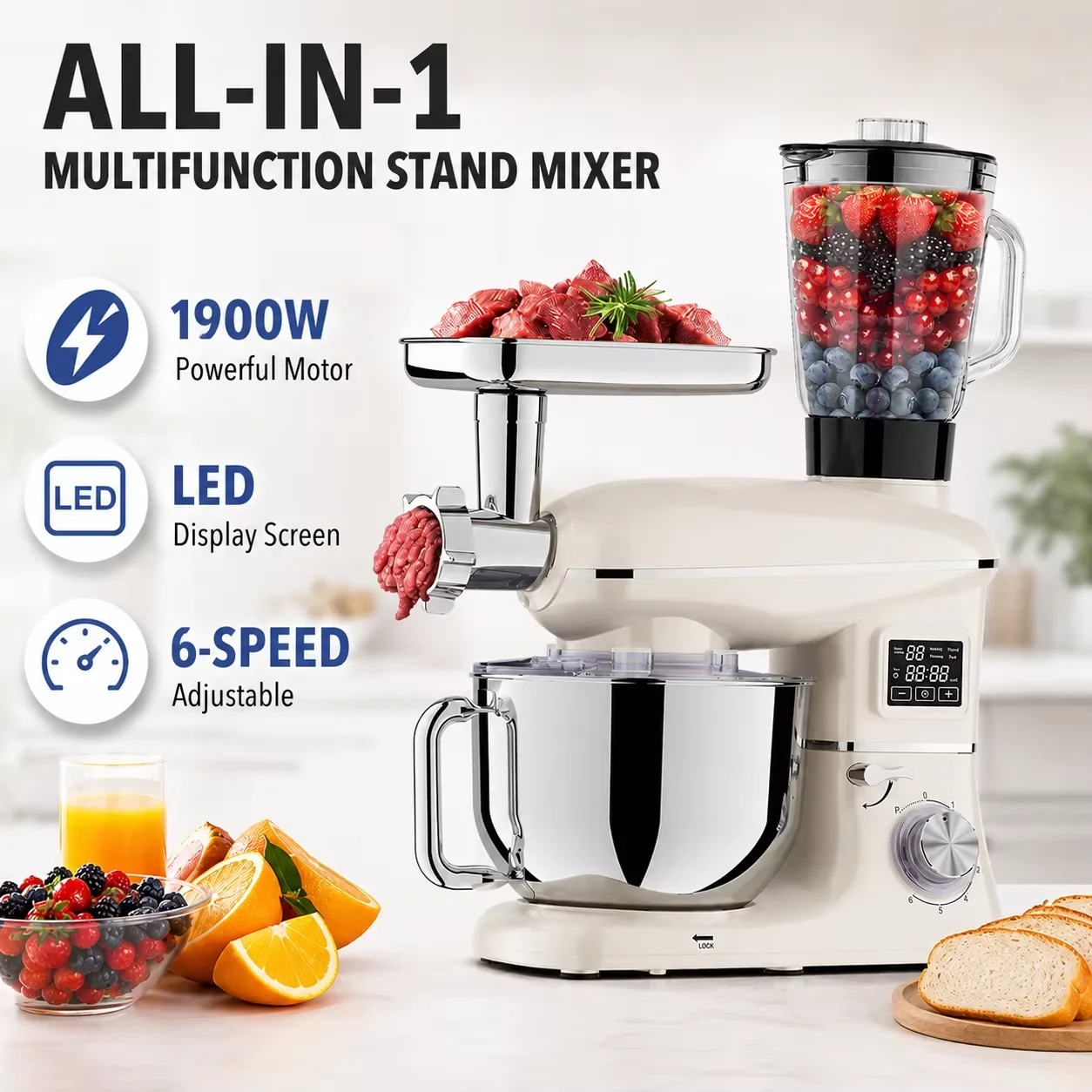 6,5L Multifunktionaler Planetenrührer 1900W 6-Gang Digital-LED Küchenmaschine All-in-One Teigkneter, Fleischzerkleinerer, Wurstmaschine, Mixer Haushalts-Küchenmaschine