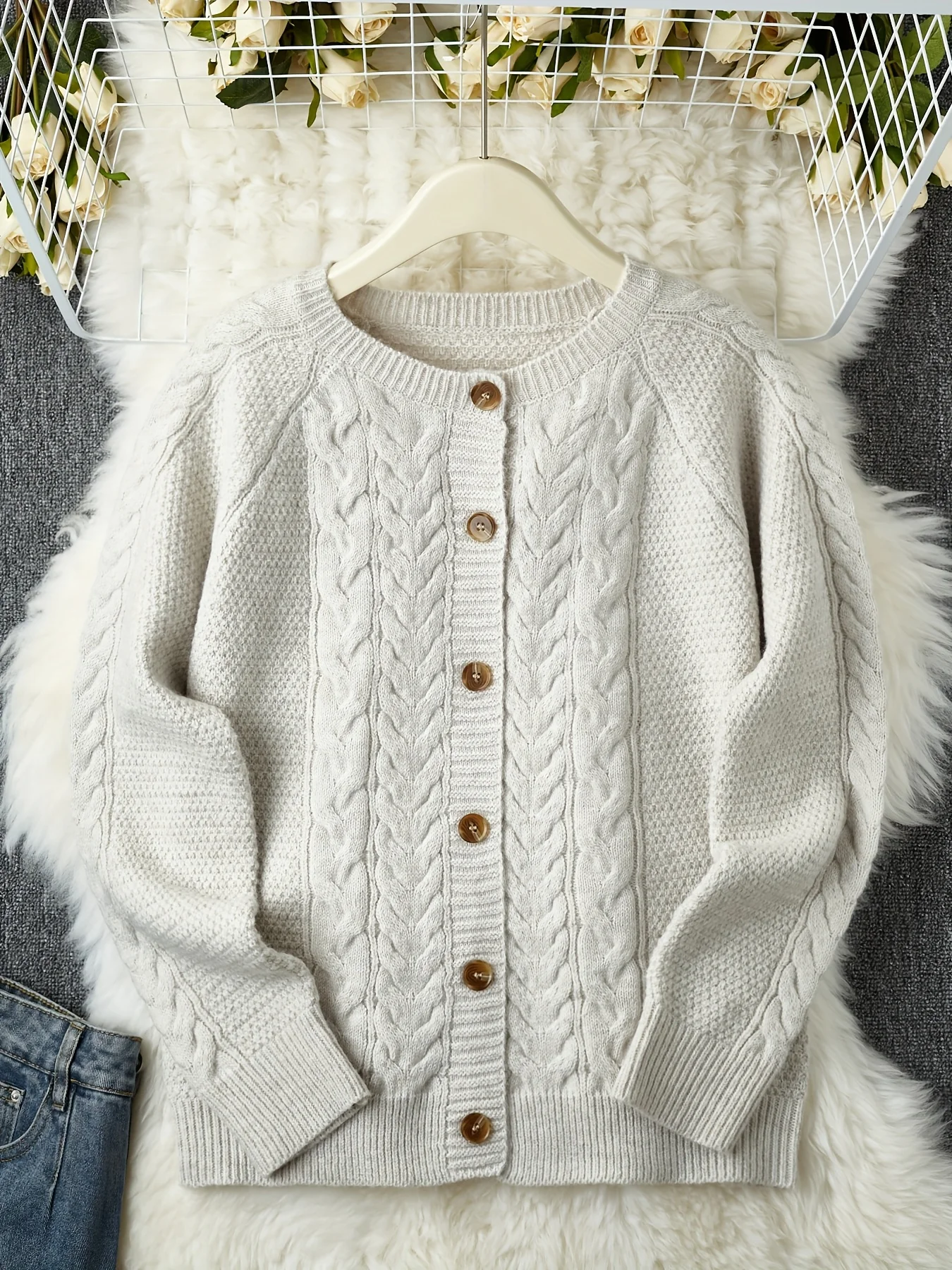 

Women’s spring autumn round-neck twisted button knitted coat simple casual comfortable retro sweater coat