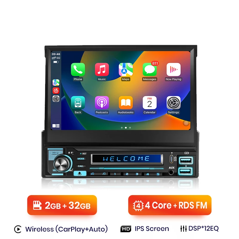 Junsun 7 "Automatisch intrekbaar IPS-aanraakscherm Universeel 1 Din Draadloos CarPlay Android Auto Stereo Radio GPS-navigatie