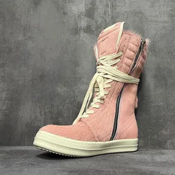 Men Women High Top Motorcycle Boots Casual Platform Sneakers Horsehair Leather Luxury Trainers Lace Up Zip Autumn Pink Shoes