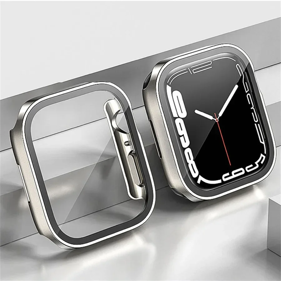 Glass+cover For Apple Watch case serie 9 8 7 6 5 4 se 44mm 40mm 41mm 45mm Straight Edge Screen Protector apple watch accessories