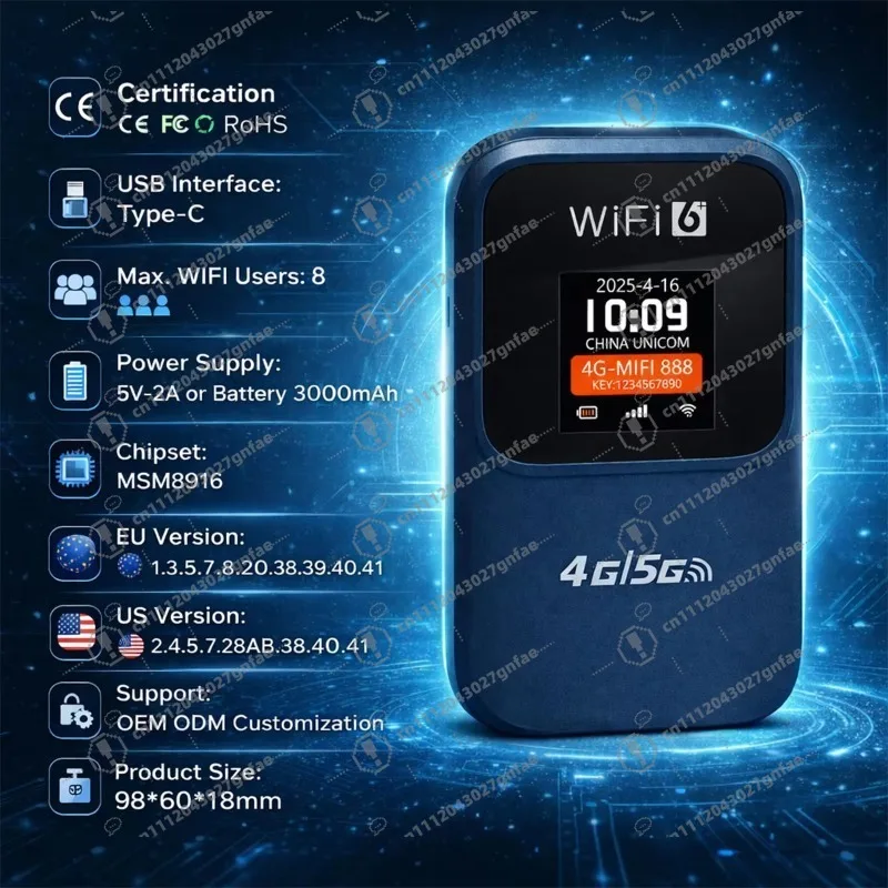 Outdoor Pocket WiFi Router 3000mAh Battery Type-C 300Mbps LCD Display 4G LTE Wireless Hotspot for Travel Camping