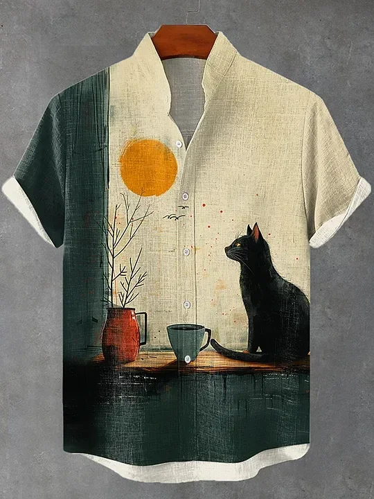 Summer Men\'s Retro Cartoon Anime Cat Theme Short Sleeve Shirt Short Sleeve Tops Fashion Casual Vacation Streetwear Men\'s Shirt