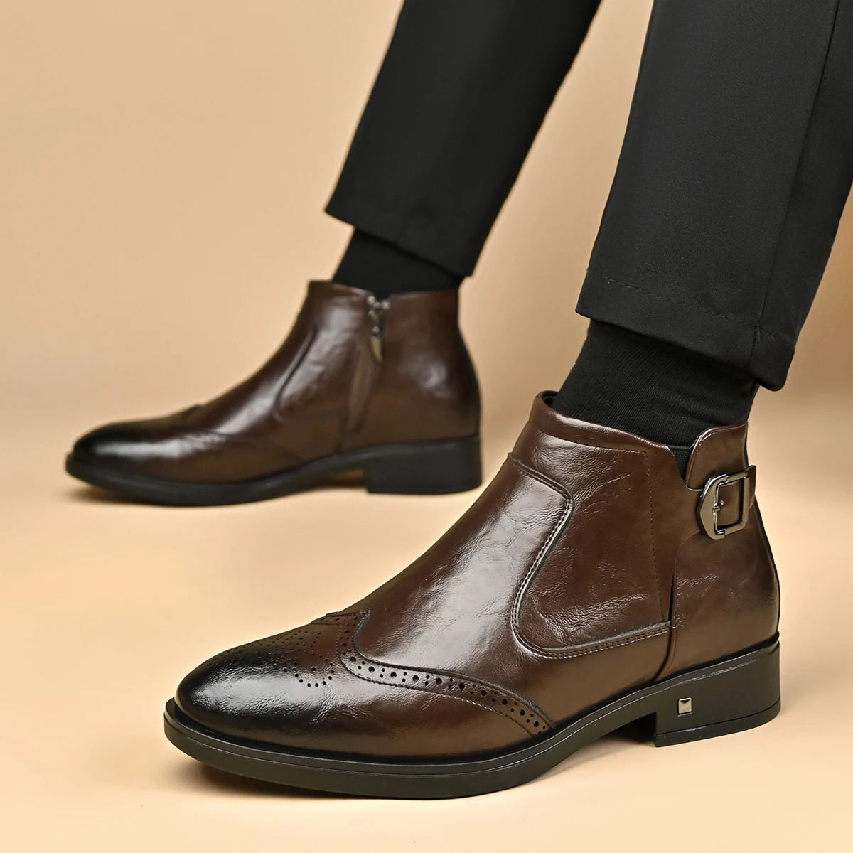 Four SeasonsNew Retro High Men's  Boots Dress BusinessWorking Boots Lace-up Leather Comfy Flat Flatre sistant Casual Shoes - view 6