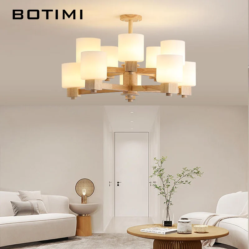 

BOTIMI Layered Solid Wood Chandelier With White Glass Lampshades For Living Room Home Decor Wooden Bedroom Lights Nordic Lustre