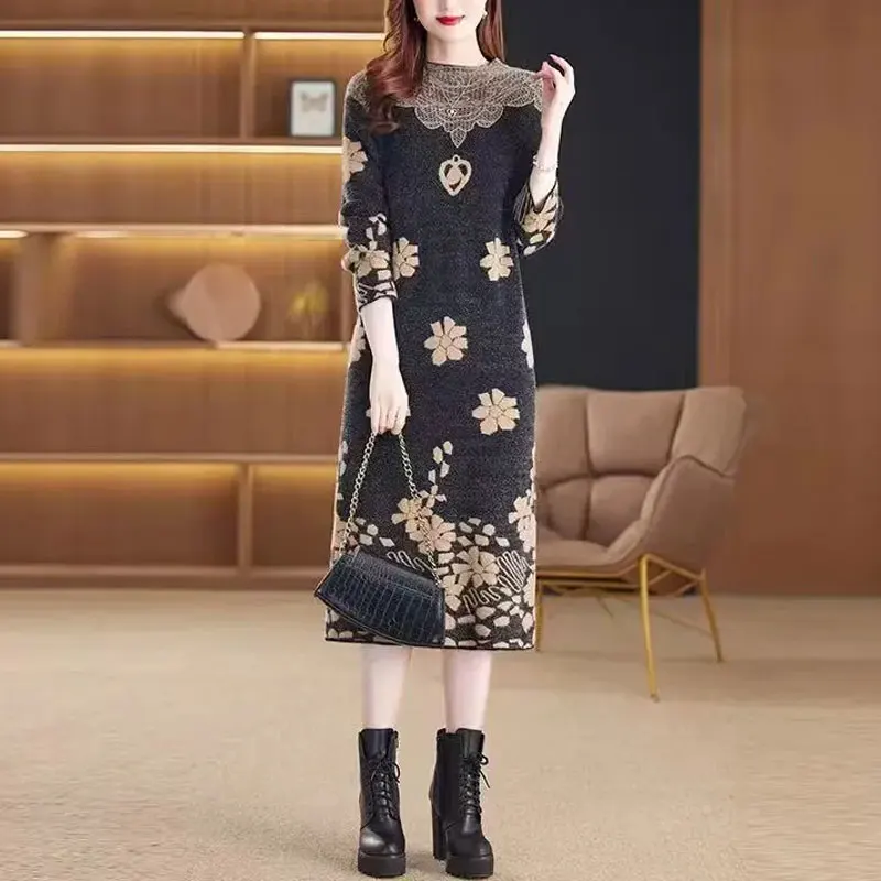 

Female Clothing Vintage Floral Printed Dresses Casual Half High Collar Stylish Commute Autumn Winter A-Line Knitted Midi Dress