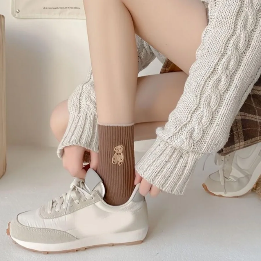 1/5/10 Pairs Women Mixed Color Bear Socks Cute Cartoon Mid Calf Socks All Seasons Casual Daily Wear