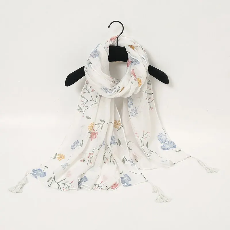 Summer Printed Floral Cotton Viscose Tassel Scarf White Long Shawl For Woman Muslim Hijab Ladies Casual Wraps Headband 190*90cm