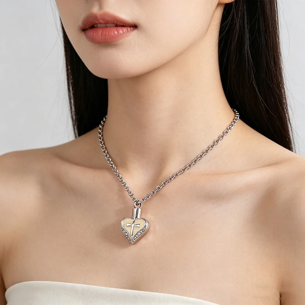 

Stainless Steel Heart-Shaped Cross Cremation Urn Necklace 22.5g Zircon-Set Cremation Urn Pendant Unisex Memorial Keepsake