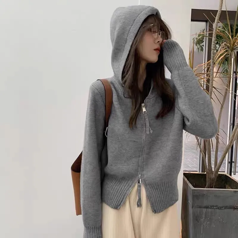 

Стильный короткий вязаный кардиган из чистого кашемира с капюшоном и двойной молнией для женщин, осенне-зимнее шерстяное верхнее пальто