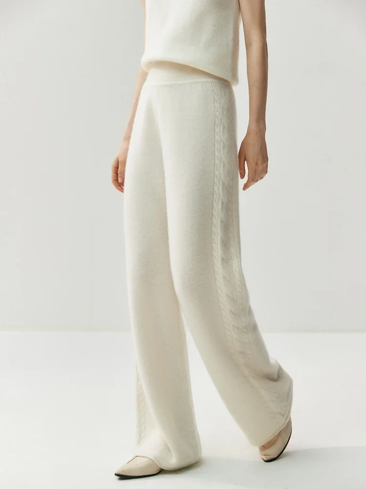 Tcyeek Autumn Winter Women's 100% Cashmere Wide Leg Pants High Quality Cashmere Knitwear Thick Warm Simple Casual Trousers