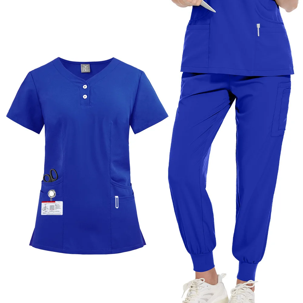 Temu Gorąco sprzedający się plus size unisex lekarz i ubrania do prania ręcznego mundurek pielęgniarki jednokolorowy zestaw z guzikami