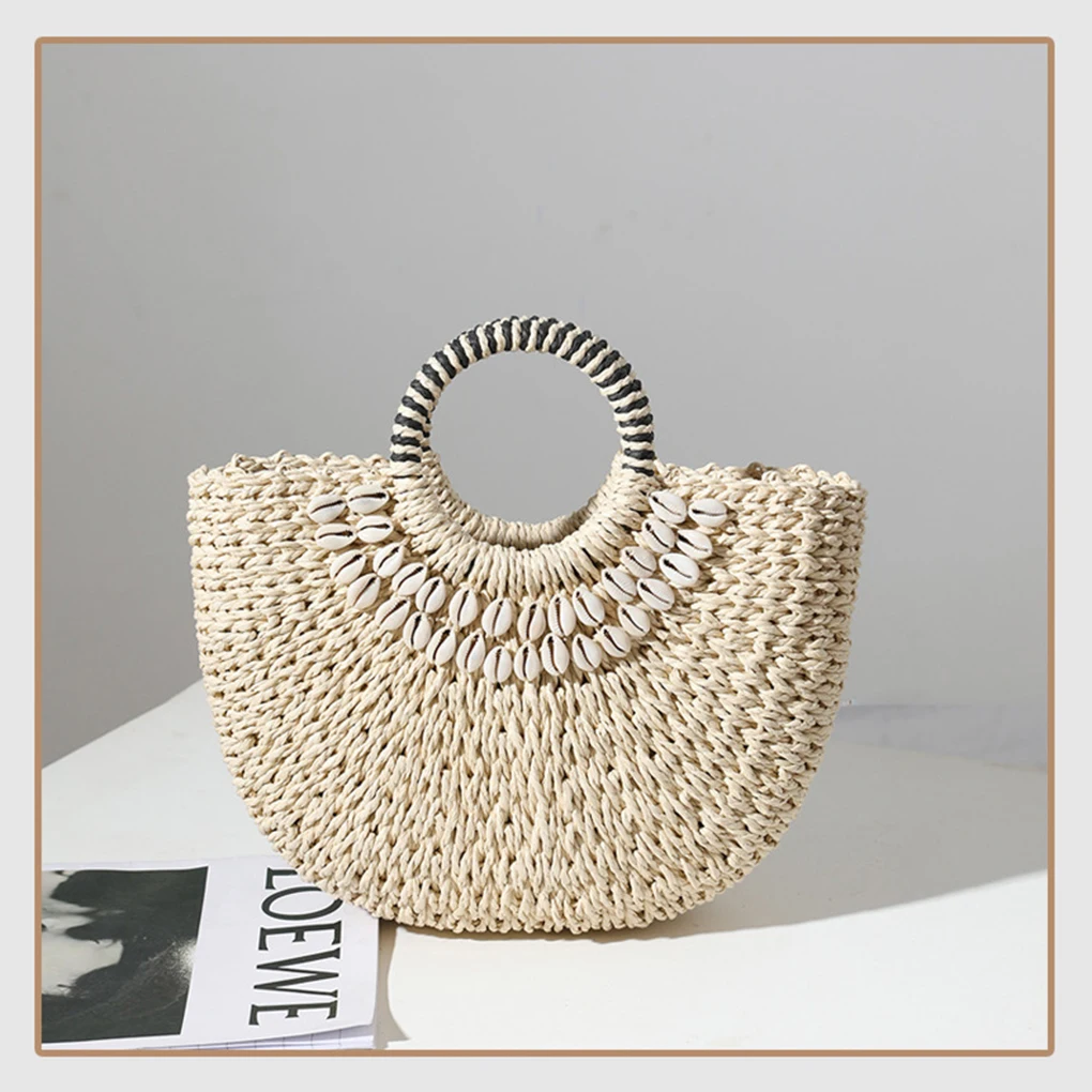 

Fashion Half Moon Rattan Women Handbags Handmade Wicker Woven Beach Shell Purses Bag Tote Vacation Coffee color