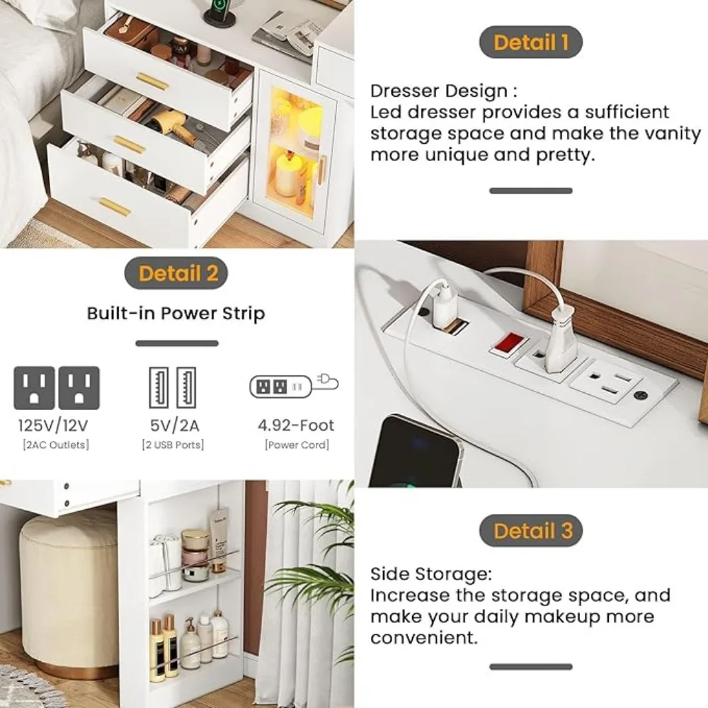 Dresser with Mirror and Lights and Charging Station Furniture Dressing Table Multifunctional Dressers image 4