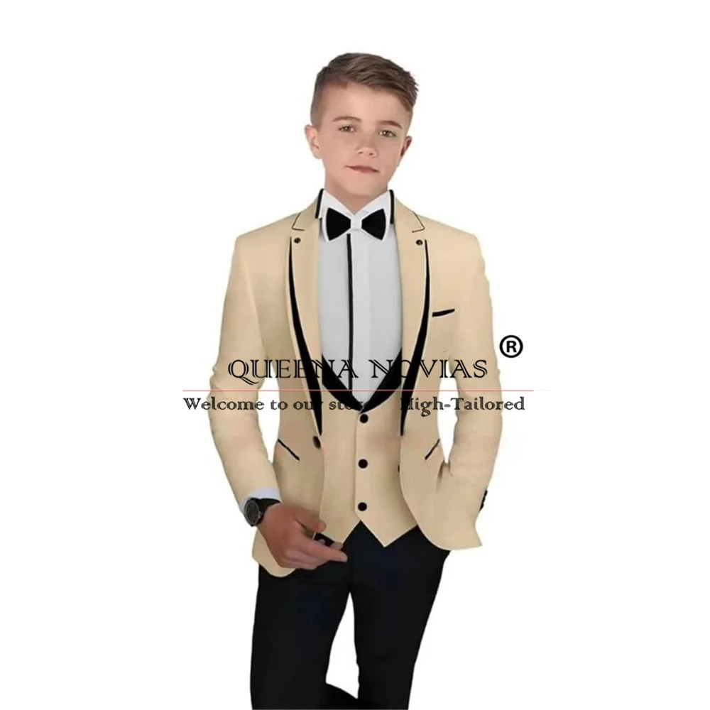 Blue Boys Suit vestiti di moda bambino Splicing bavero dentellato smoking da sposa bambini giacca pantaloni gilet 3 pezzi Slim Fit Party Blazer