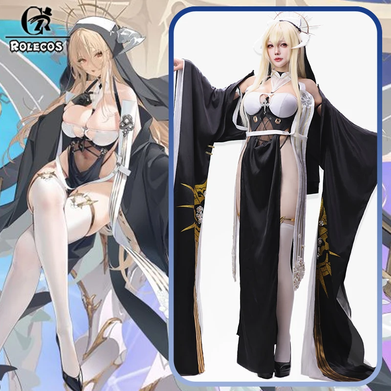 Disfraz de Cosplay de Azur Lane HMS Implacable de ROLECOS, Uniforme de Monja Sexy para Mujer, Disfraz de Halloween, Peluca, Vestido y Accesorios