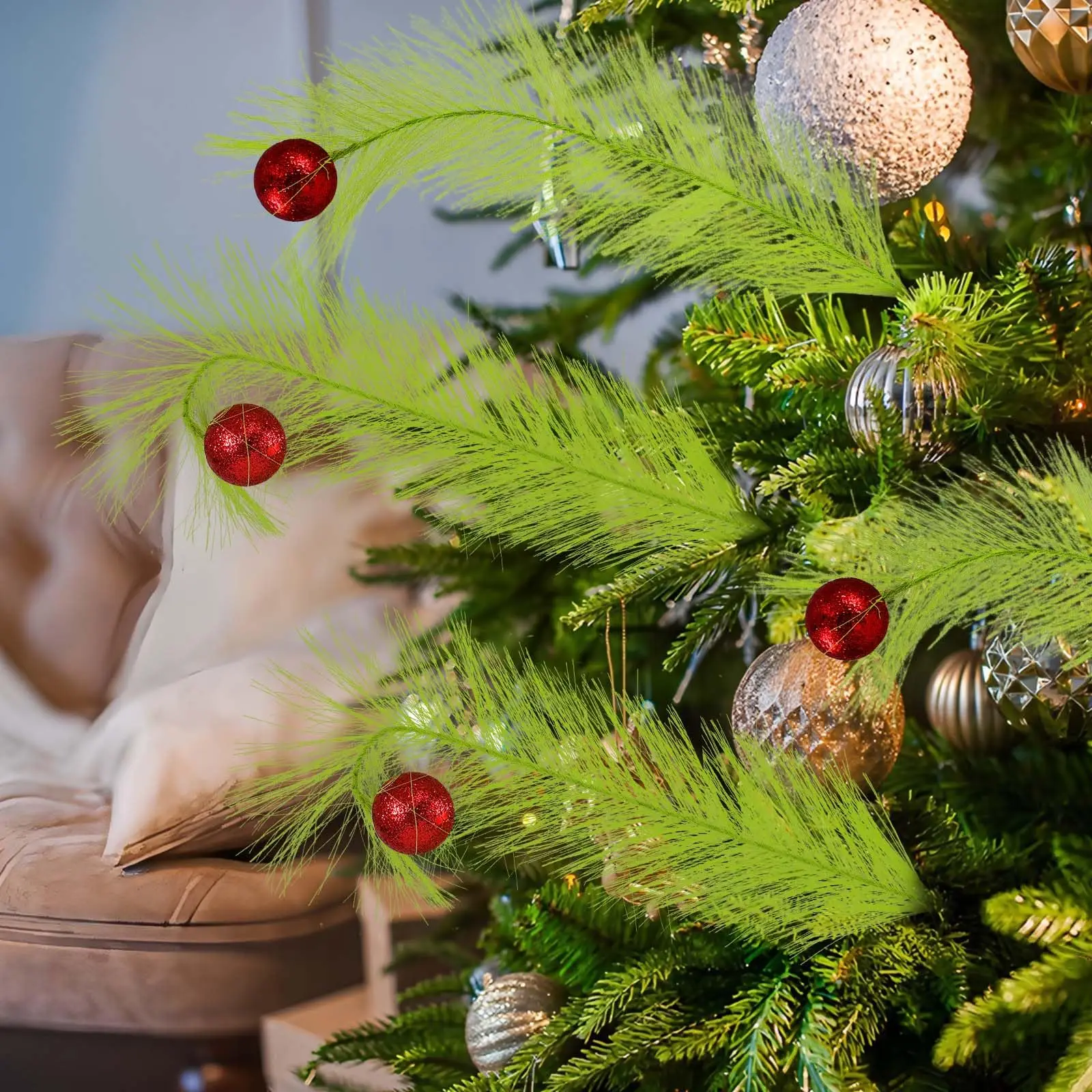 3/12PC Weihnachtssprays für den Baumspitzen-Dekor, Limettengrün, lockig mit roter Kugel, künstliche Pampasgras-Stiele für Weihnachtsbaum-Dekorationen und Heimdekoration – Detail 4