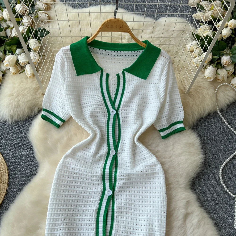 Chic Patchwork Elegant  Polo-Neck Casual Short Sleeve Single Breasted Hollow Out Dresses Vintage Korean Fashion Women Clothing