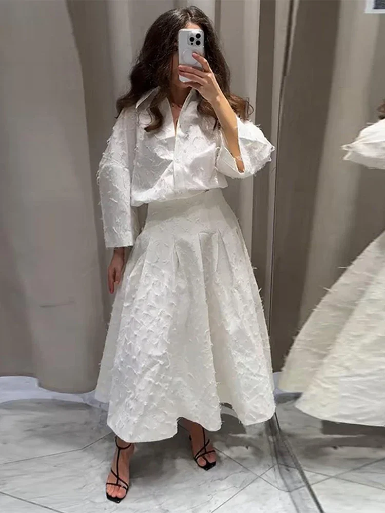 

Повседневная вышивка, ажурная рубашка, плиссированные юбки, комплекты, женские однобортные свободные рубашки с рукавами-фонариками, костюмы с юбкой, женский наряд