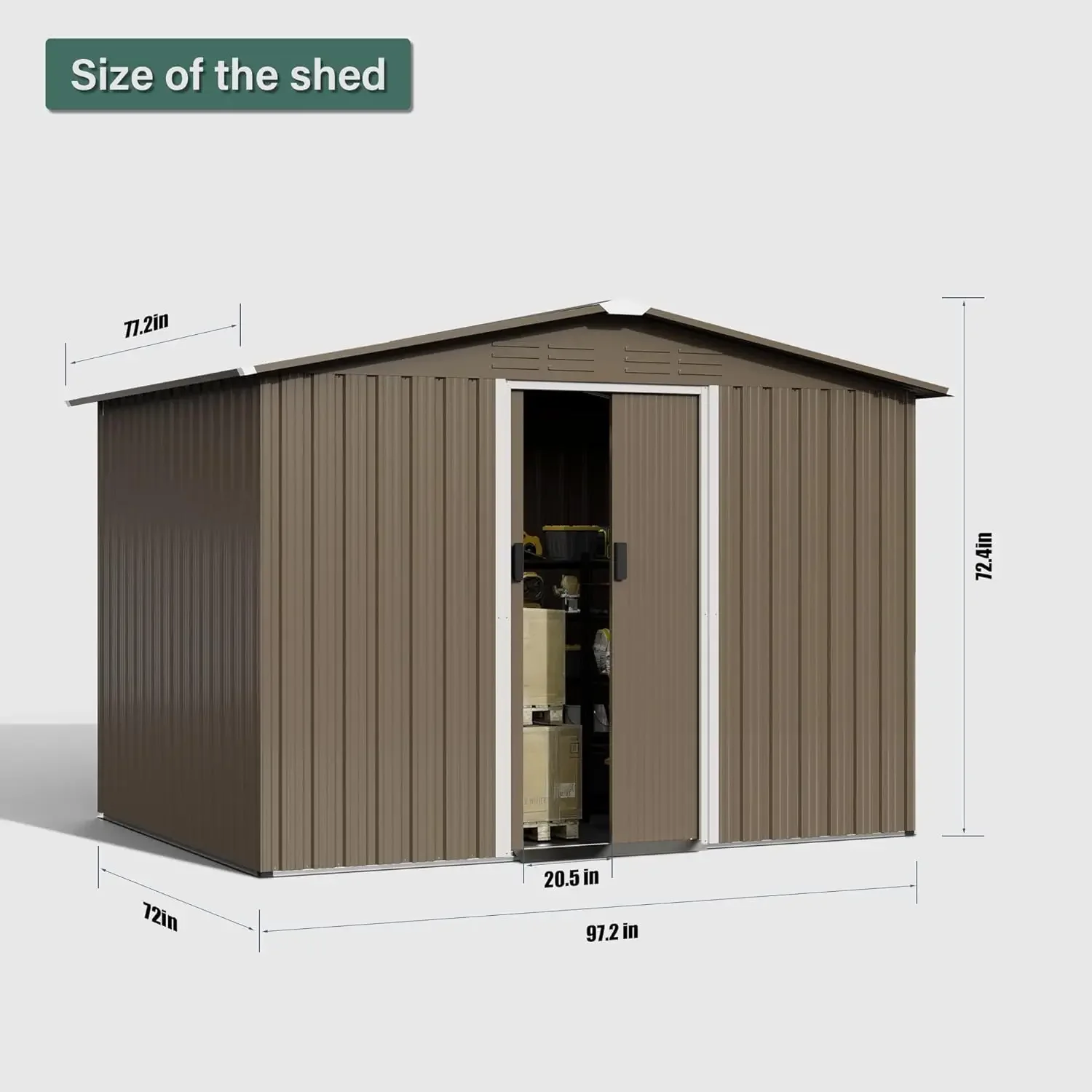 Cobertizo de almacenamiento para exteriores, 8x6 pies, impermeable, puerta Bloqueable, cobertizo de herramientas de Metal con puerta corredera y rejillas de aire, casa de almacenamiento para herramientas