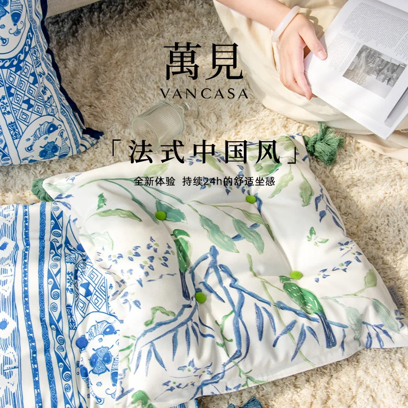 

French Chinese style blue-green seat cushion office seat cushion summer meal chair cushion advanced