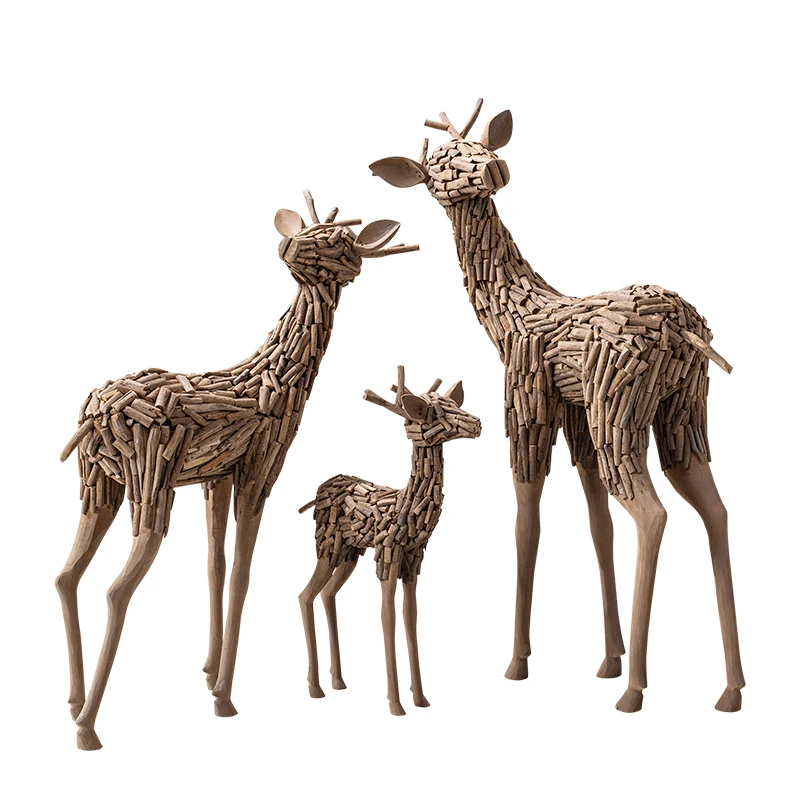 HXL Solid Wood Fortune Deer Sculpture Floor Big Decorations Homestay Hotel Lobby Sales Office Decoration