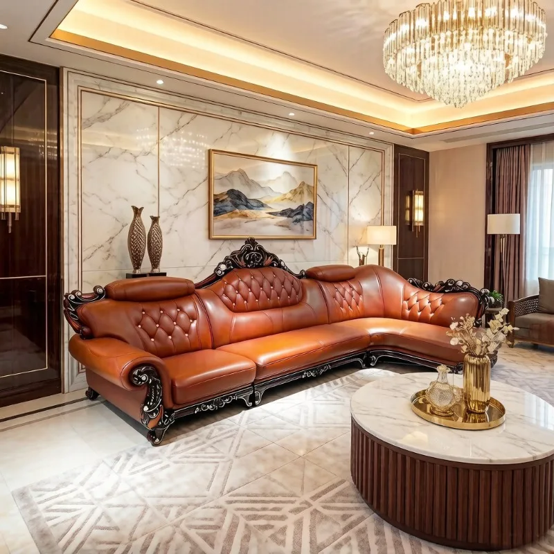 European leather sofa, large flat solid wood carving flower high-end light luxury American first-layer cowhide villa living room
