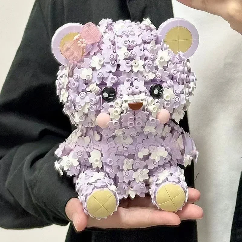 漫画の花とクマの人形のビルディングブロック,パズルの組み立て,マイクロ粒子,創造的なおもちゃ,デスクトップアクセサリー,誕生日プレゼント,新しい,2024