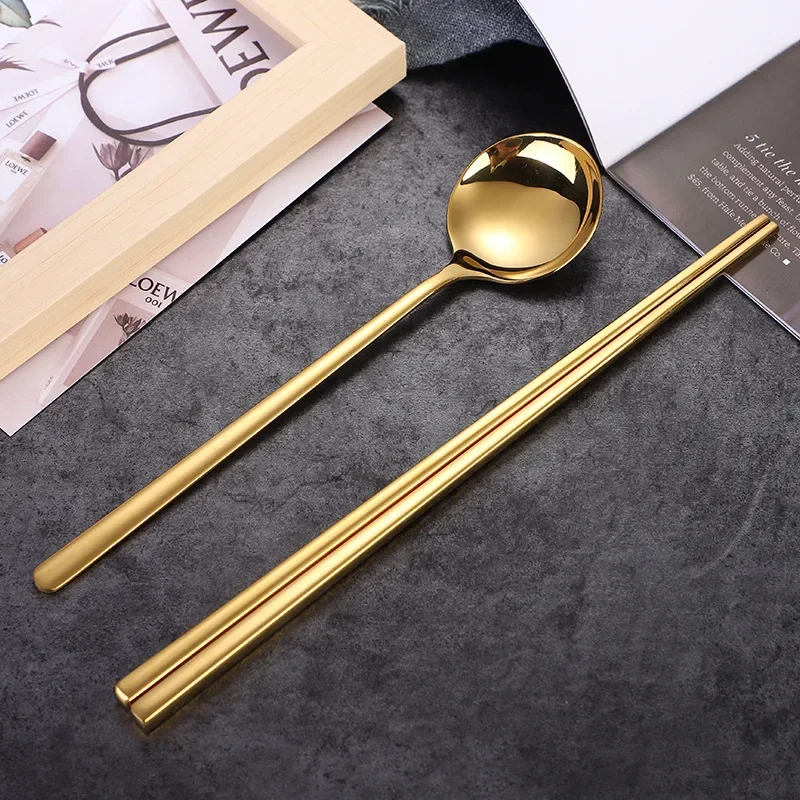 Korean Long Handle Chopsticks Spoon Cutlery Set Reusable Stainless Steel Non-slip Sticks  Sushi Food soup  Dinnerware 