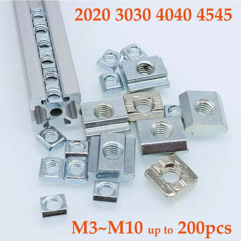 200p T Slot Sliding Nut M3 M4 M5 M6 M8 Carbon Steel EU Standard Square Nuts Connection for Aluminum Extrusions Profile 2020 3030