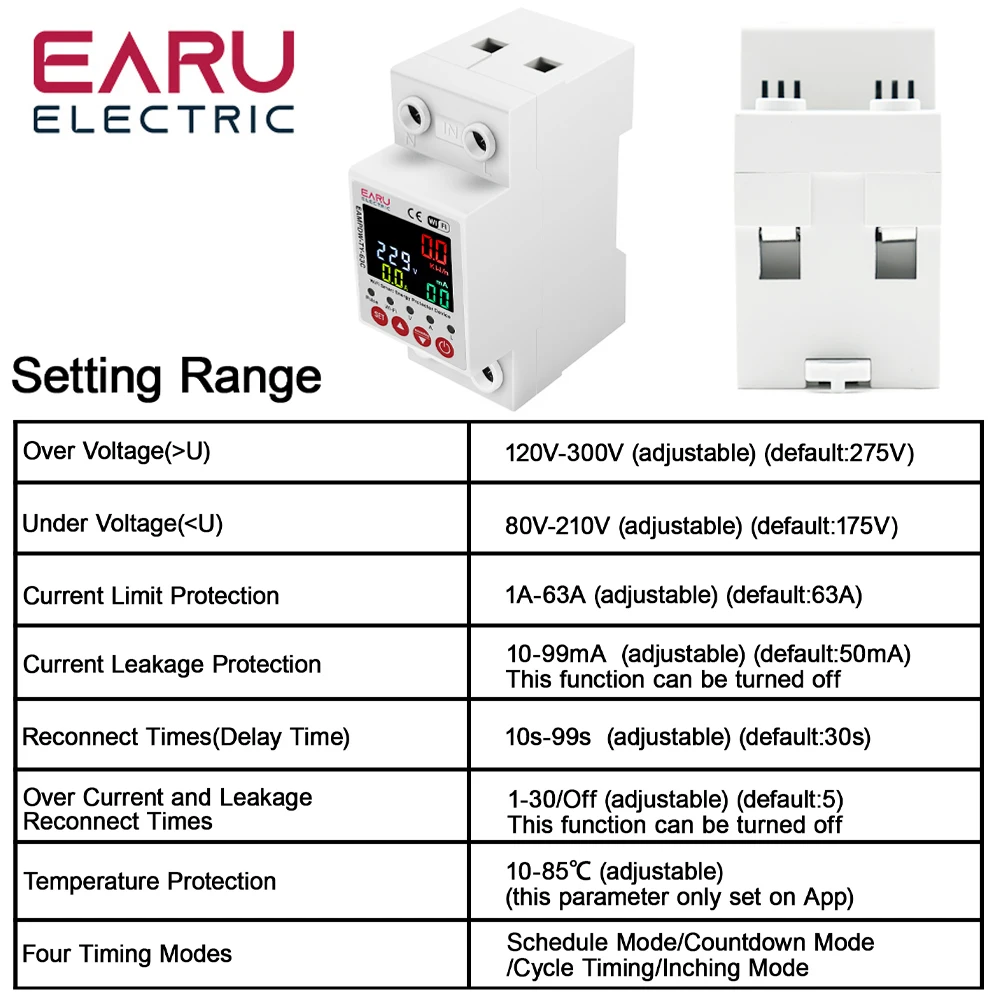 63A AC 230V Tuya WiFi Smart Energy Meter Power kWh Meter Earth Leakage Over Under Voltage Protector Relay Device Switch Breaker