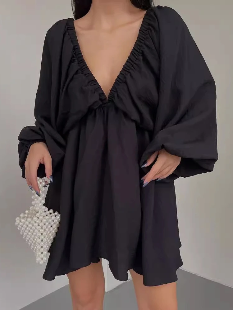 Summer Casual Elegant Dress Women New Temperament Fashion Simple Sexy V-Neck Bubble Long Sleeve Y2K Casual Swing Mini Dress 2024
