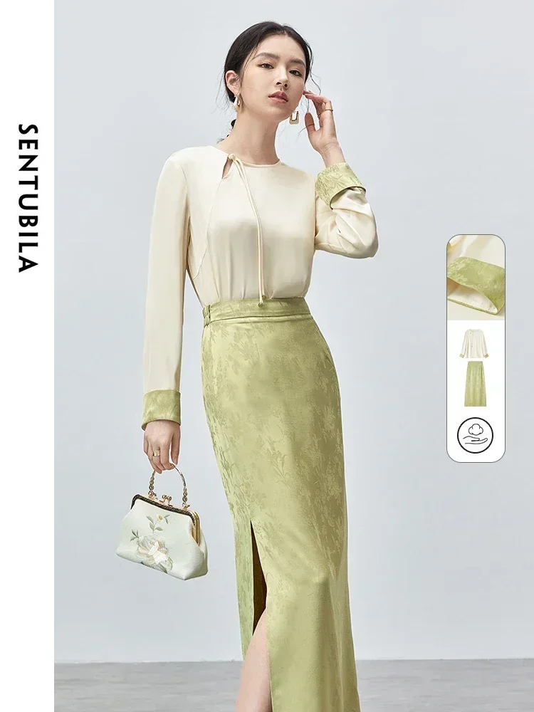 

SENTUBILA 2 Piece Skirt Set Women Chinese Style 2025 Spring Elegant Outfits Contrast Cuff Blouse Jacquard Slit Skirt 143Z55766