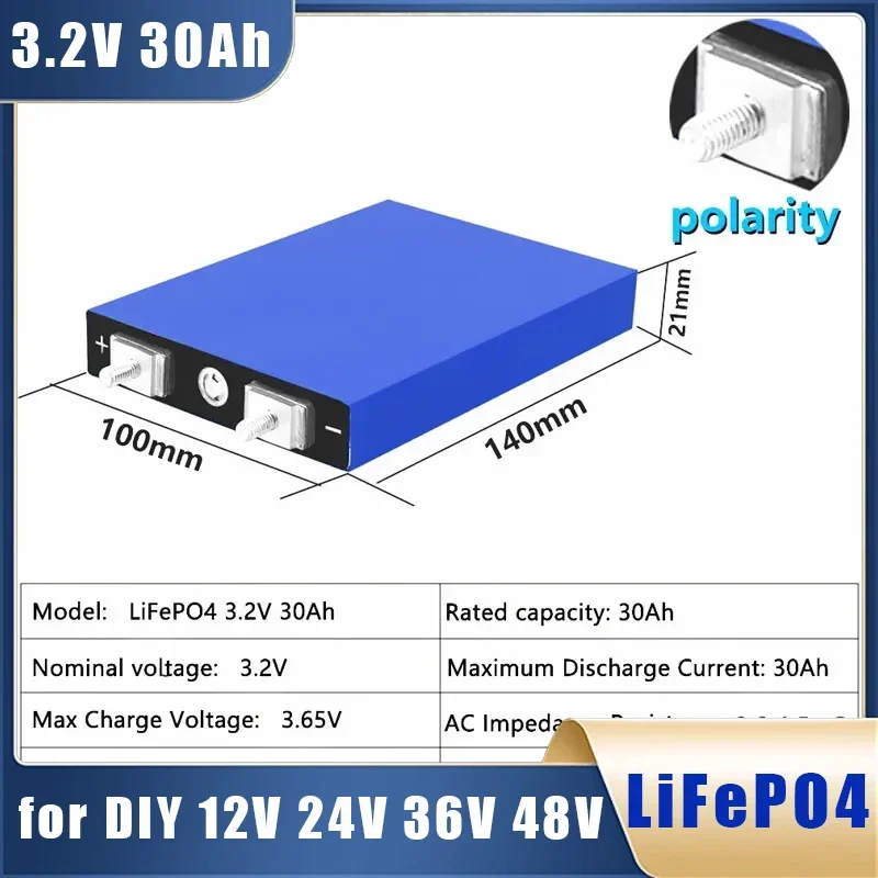 3.2V 30Ah LiFePO4 Battery Rechargeable Cell Lithium Iron Phosphate for Diy 12V 24V 36V 48V Solar Energy Household Power Supply