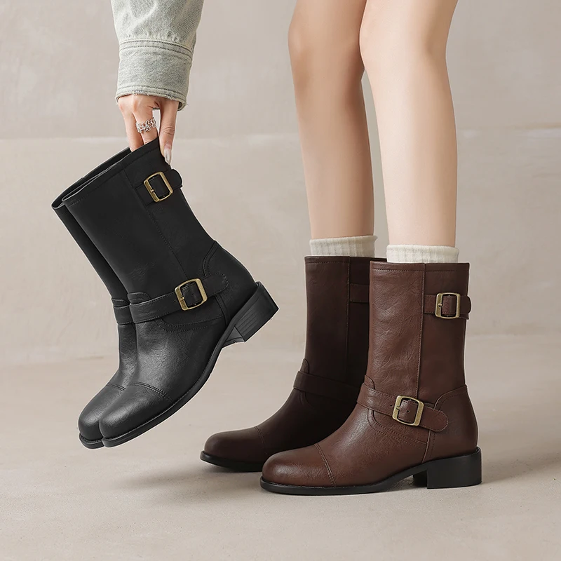 

Handmade Genuine Leather Metal Belt Buckle Square Toes Sexy Ankle boots,winter woman Cowboy boots,knight boots,Modern Booties