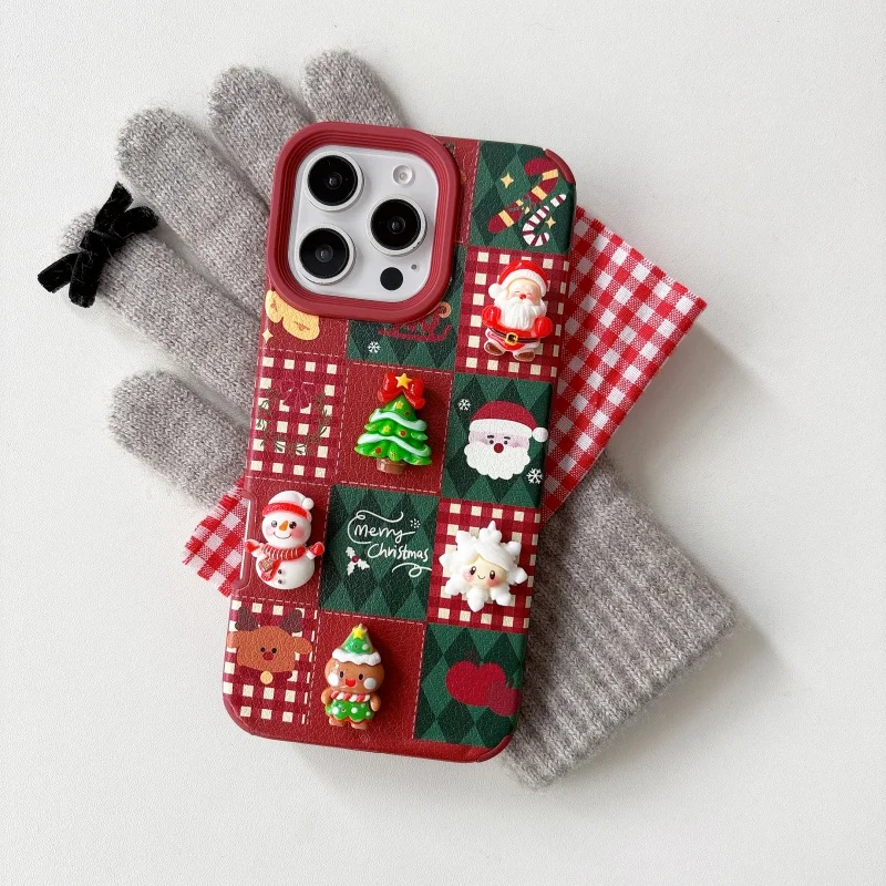 

Christmas Tree Santa 3D Dolls Snowman Reindeer Fashion Leather Phone Case For iPhone 16 15 14 13 12 11 Pro Max Soft TPU Cover