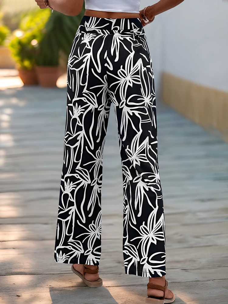 2024 summer European and American holiday style comfortable casual straight leg pants printed basic pants