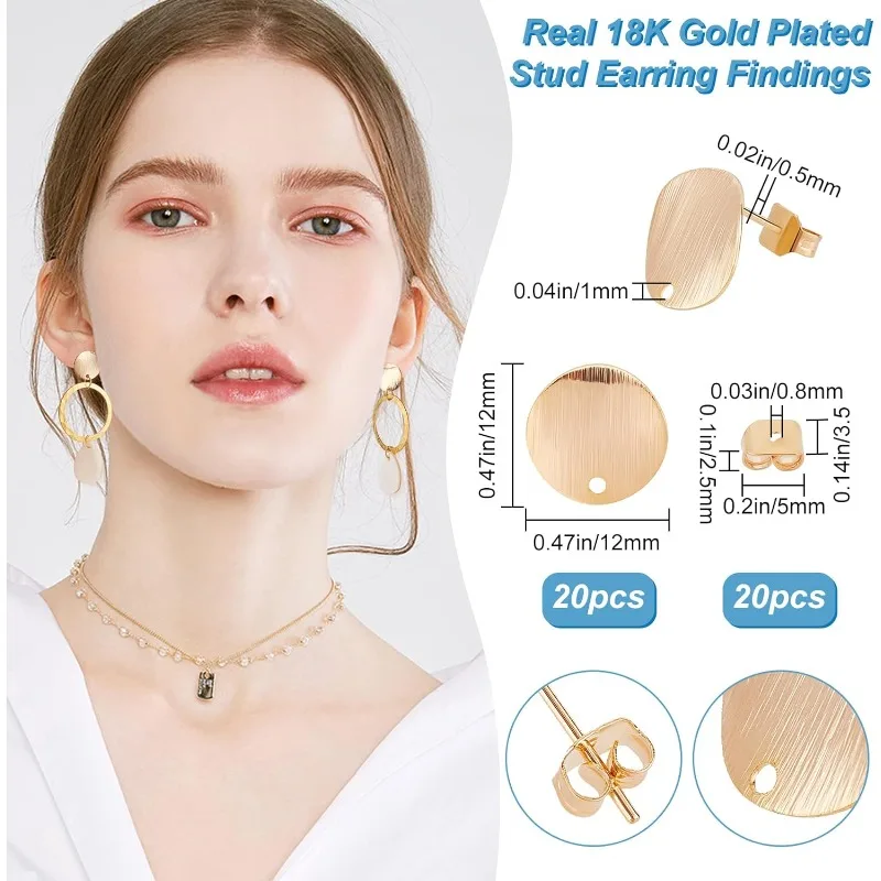 20Pcs/Box 18K Gold Plated Earring Findings Flat Round Pad Posts Stud Ear Piercing Plugs with Hole and 20Pcs Butterfly Earring