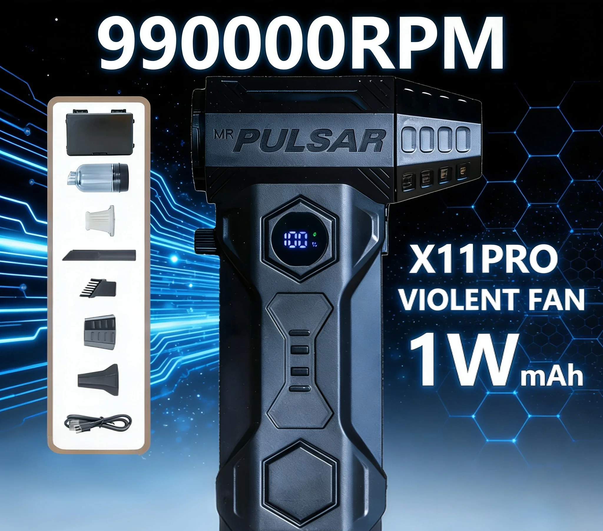 

X11Pro Mini Turbo Jet Blower: 990000RPM Brushless Motor, 10000mAh & Vacuum Kit (Car Cleaner)